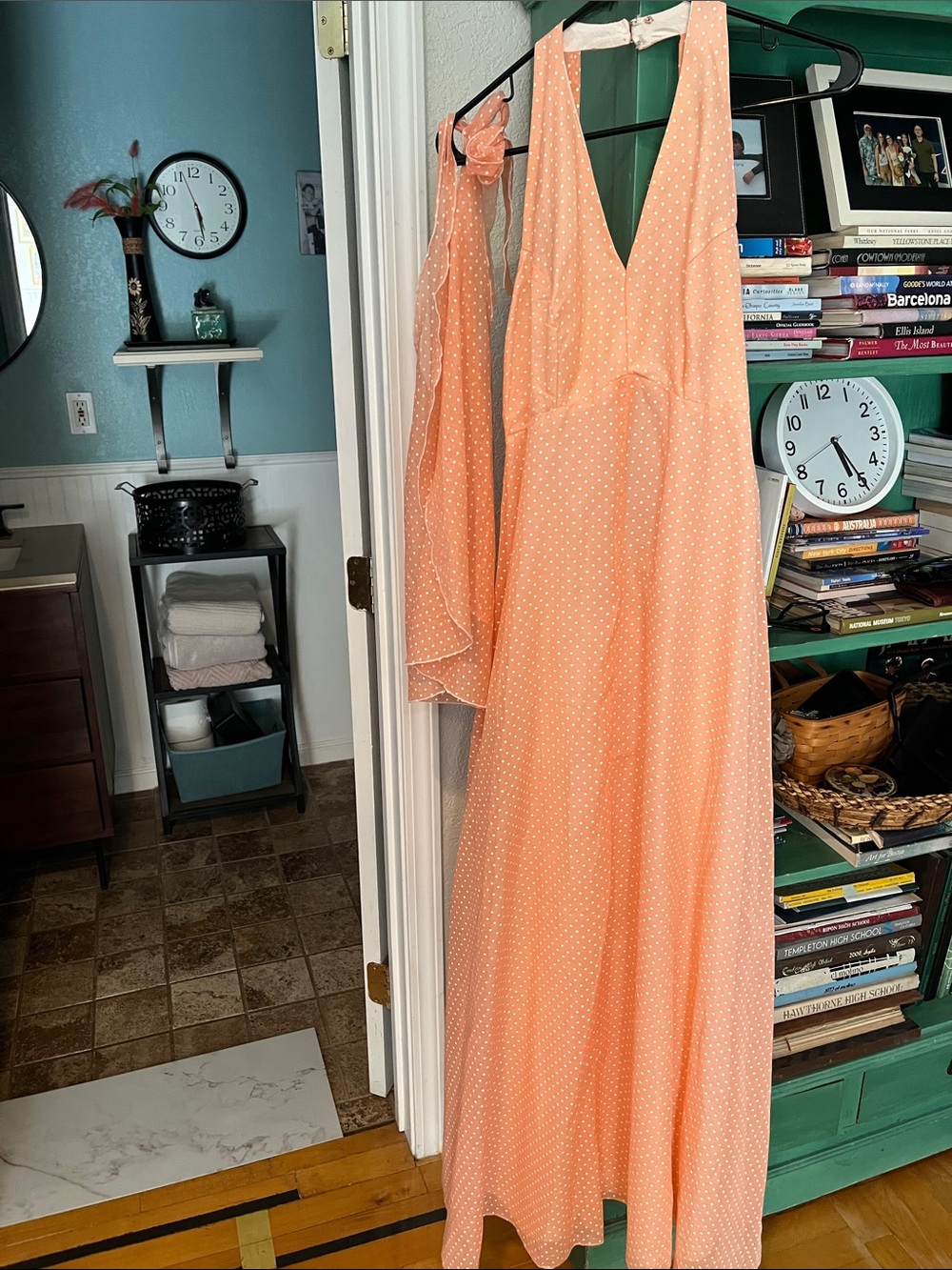 Peach Polka Dot V-Neck Maxi Dress with Sheer Scarf